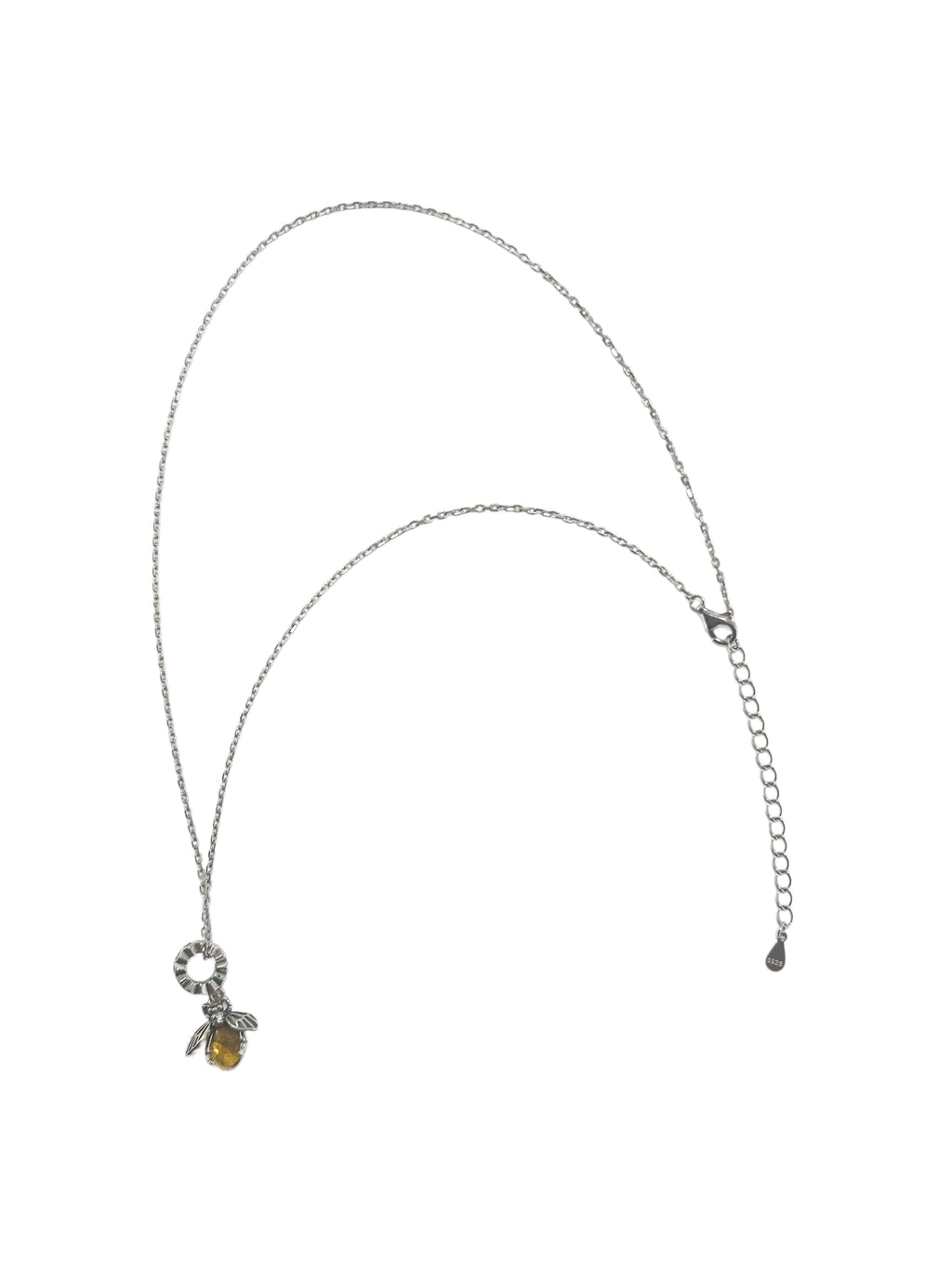 A delicate sterling silver bee necklace featuring a detailed bee pendant with a golden-yellow crystal body, isolated on a clean white background