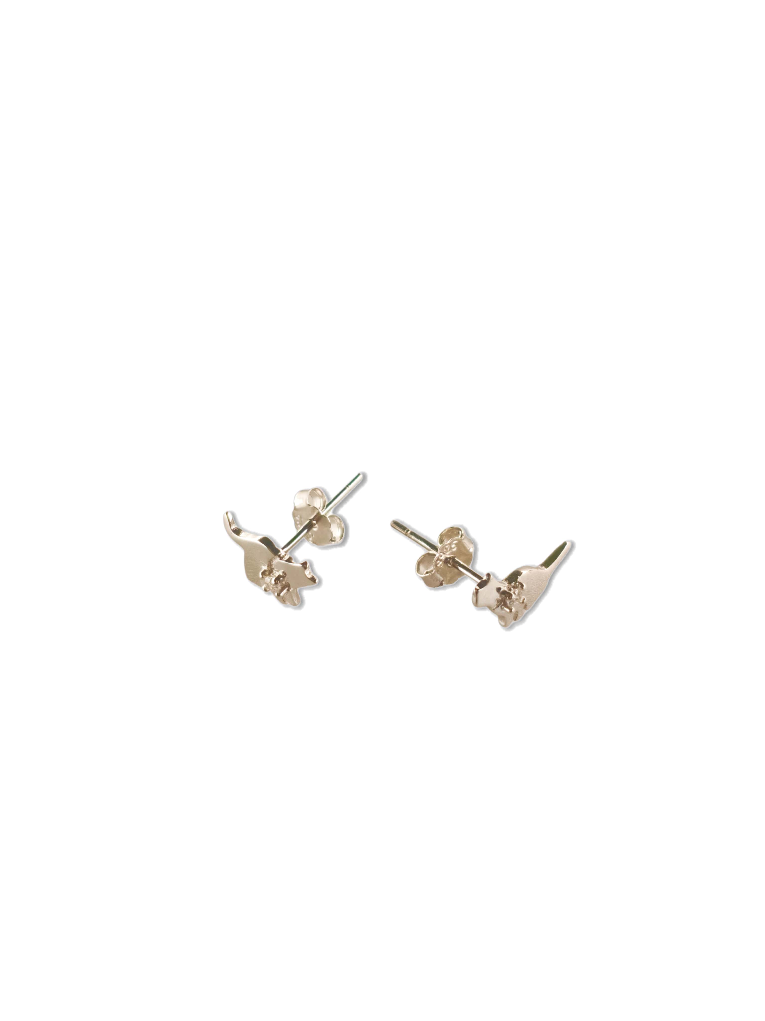 A pair of sterling silver cat earrings with delicate zircon stones and secure butterfly backings displayed on a white background