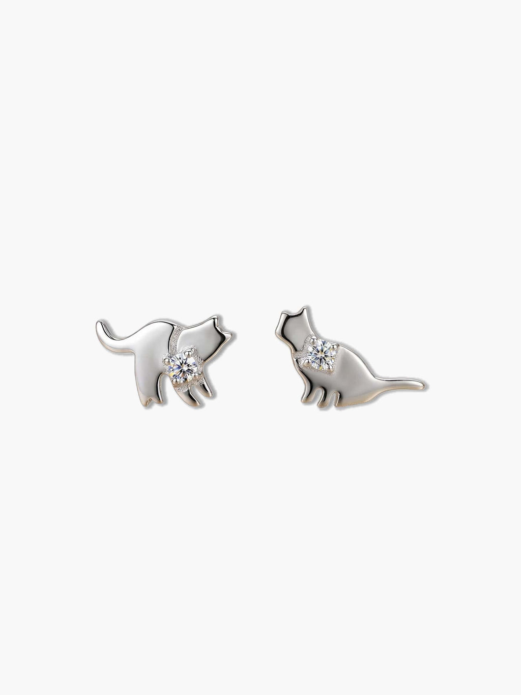 Front detailed view of two sterling silver cat stud earrings featuring high-polish finishes and zircon crystal centers