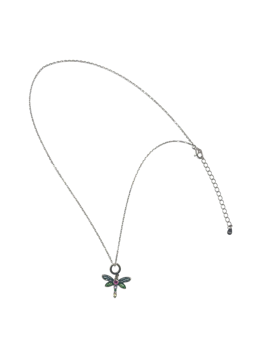 A full flat-lay view of a delicate sterling silver dragonfly necklace featuring an adjustable chain and a colorful enamel pendant