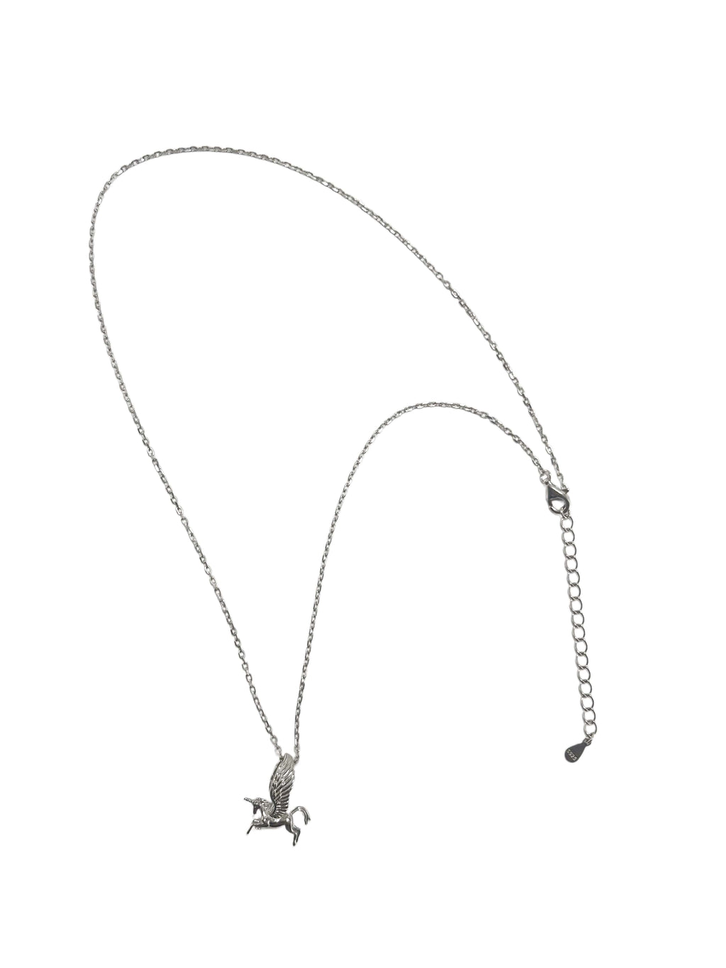 Full view of the S925 sterling silver unicorn necklace with an adjustable cable chain displayed on a clean white background