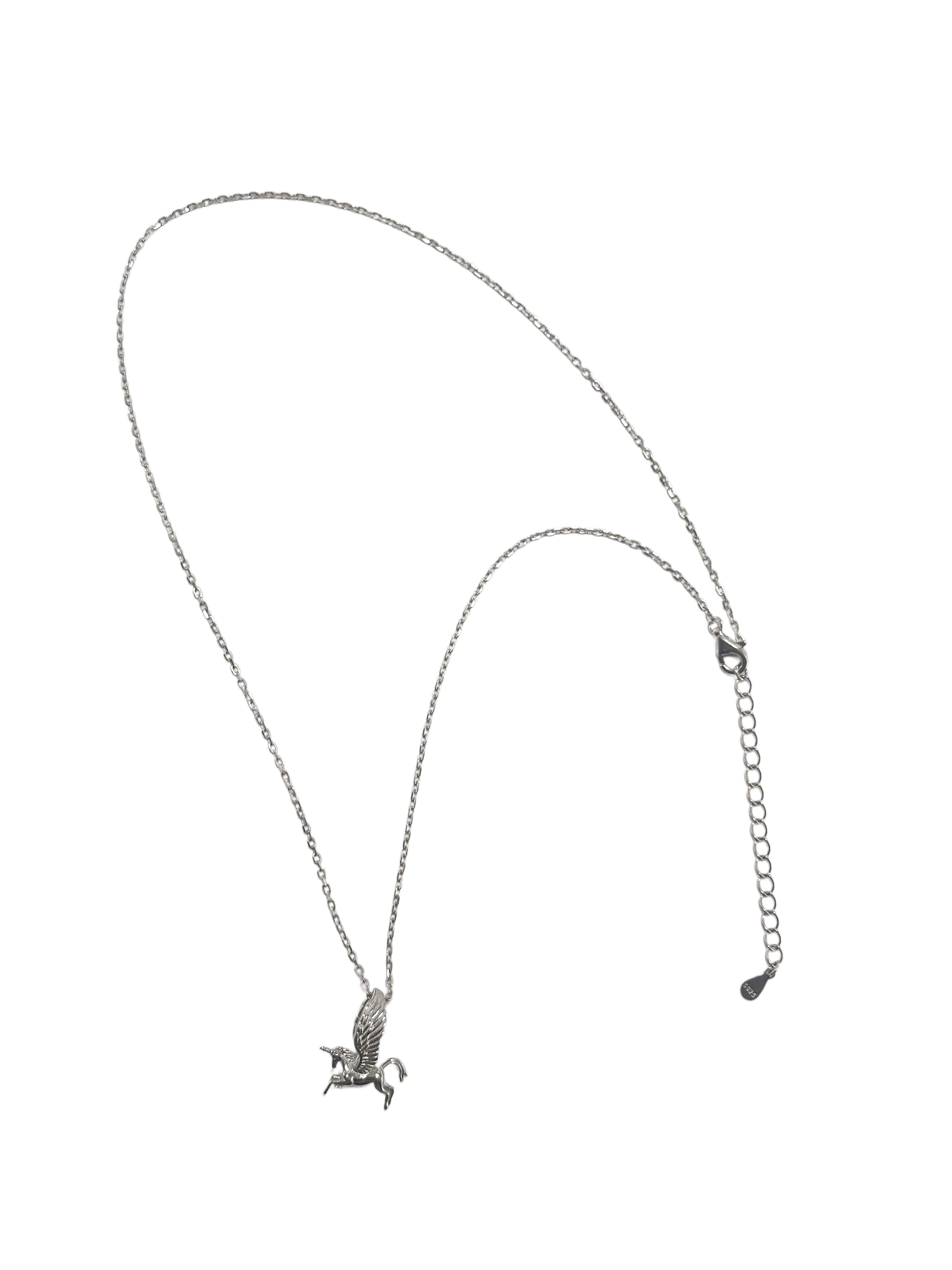 Full view of the S925 sterling silver unicorn necklace with an adjustable cable chain displayed on a clean white background