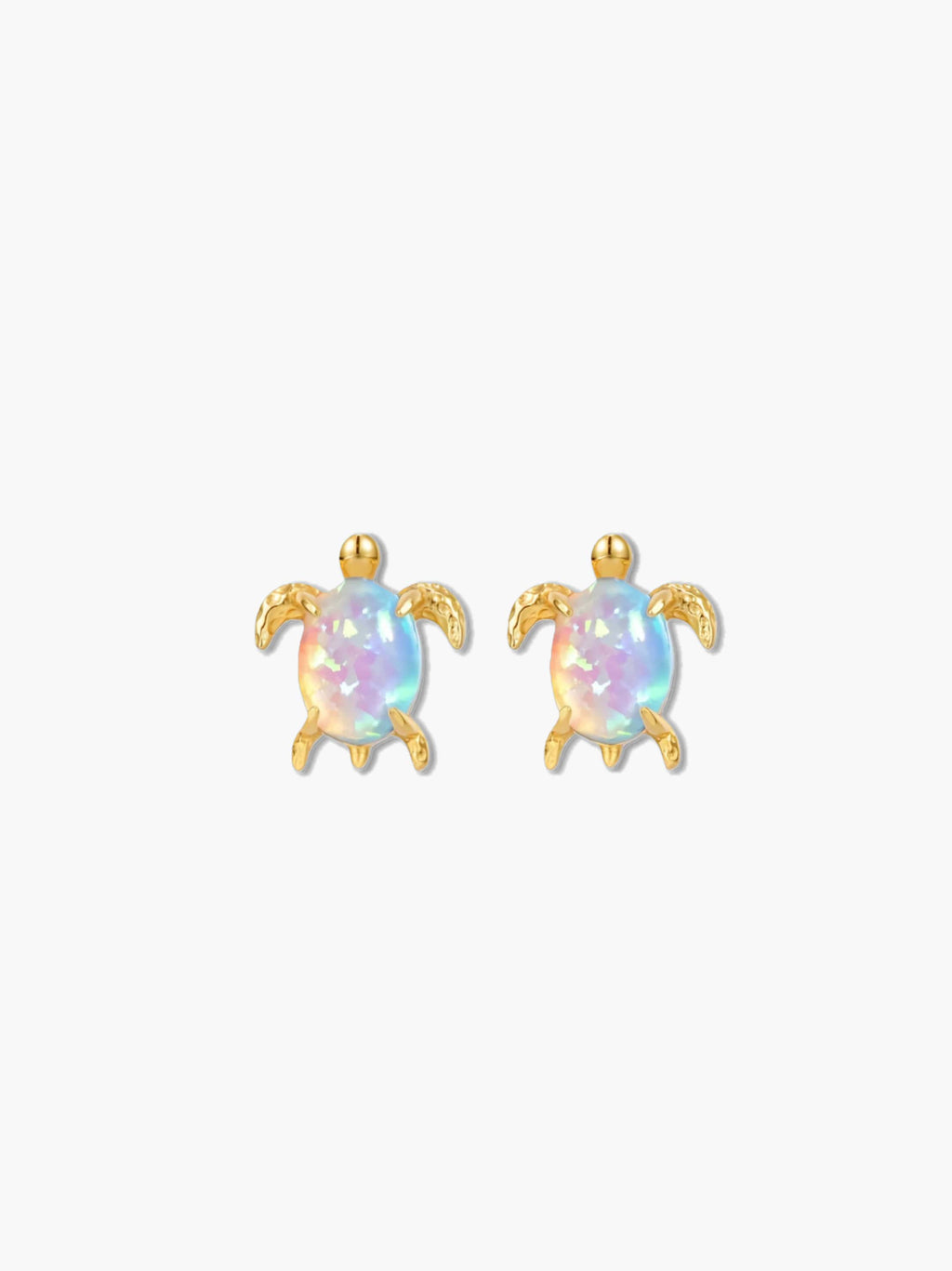 sterling silver sea turtle earrings with iridescent centers on a white background
