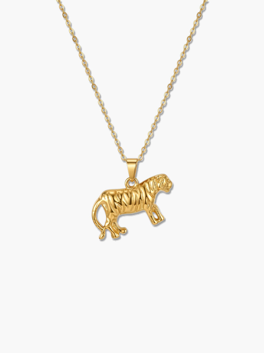 Vertical studio shot of the gold tiger necklace against a clean white background