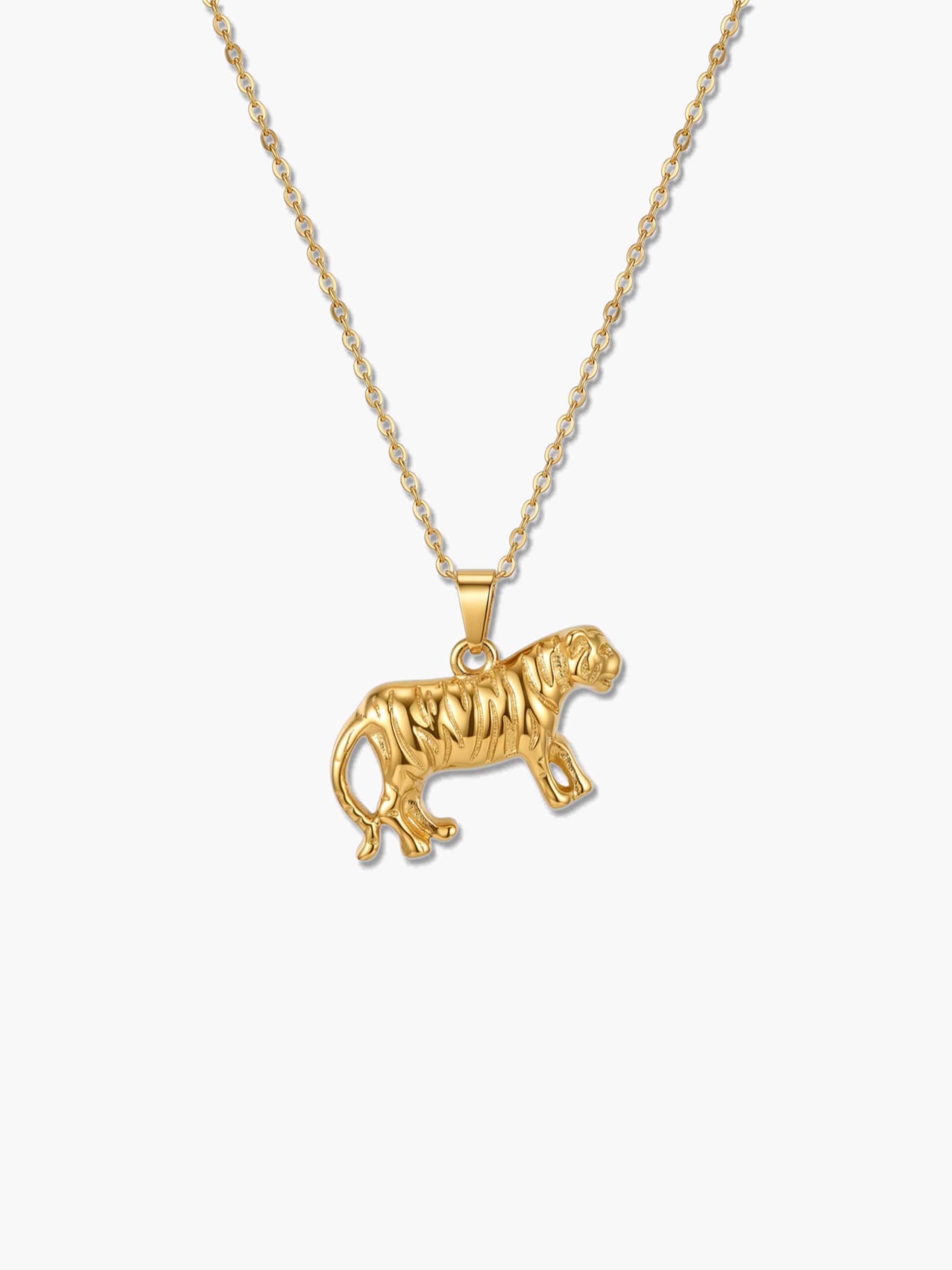 Vertical studio shot of the gold tiger necklace against a clean white background