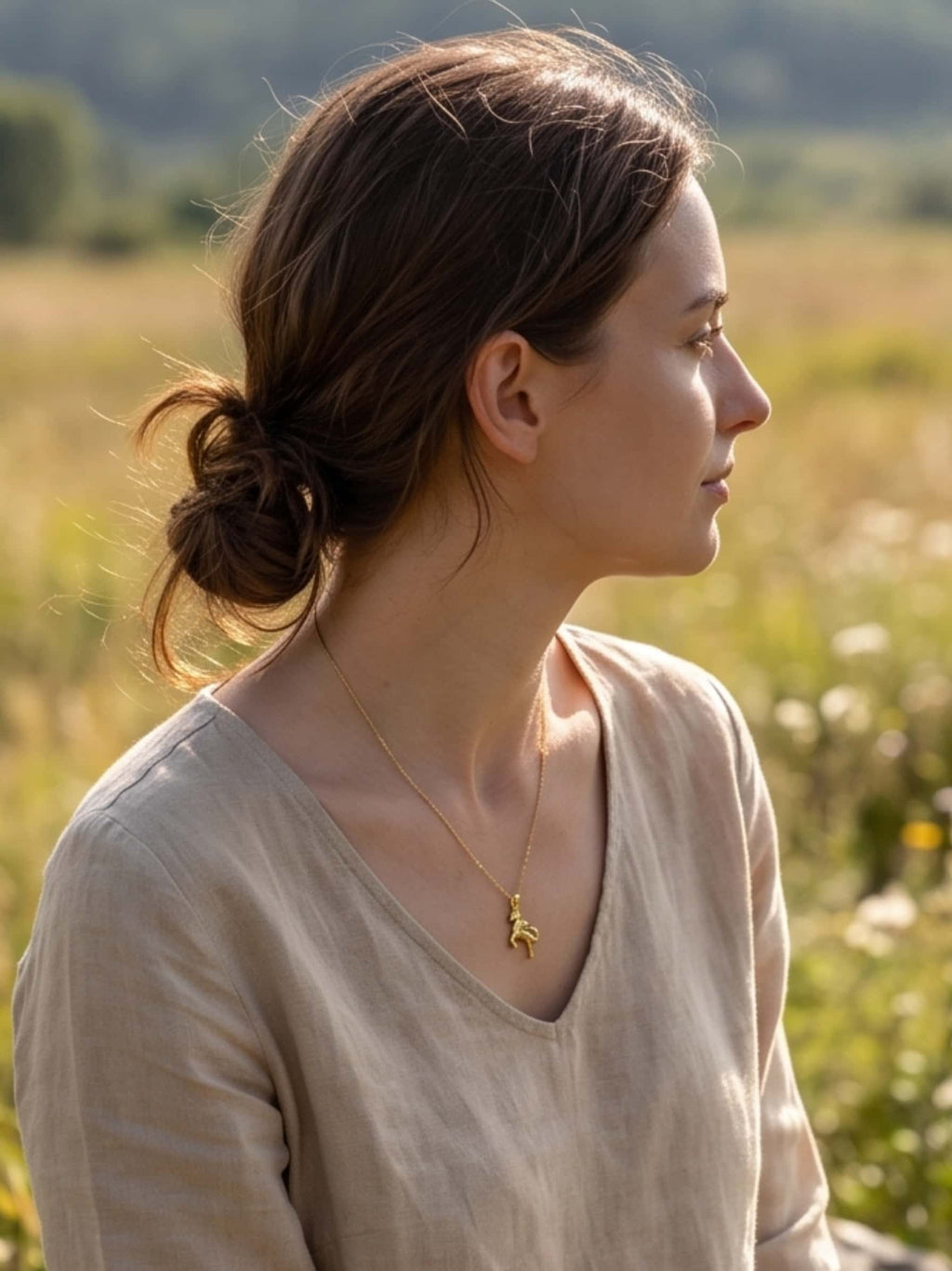A woman wearing a delicate unicorn necklace outdoors in a natural, sunlit field setting