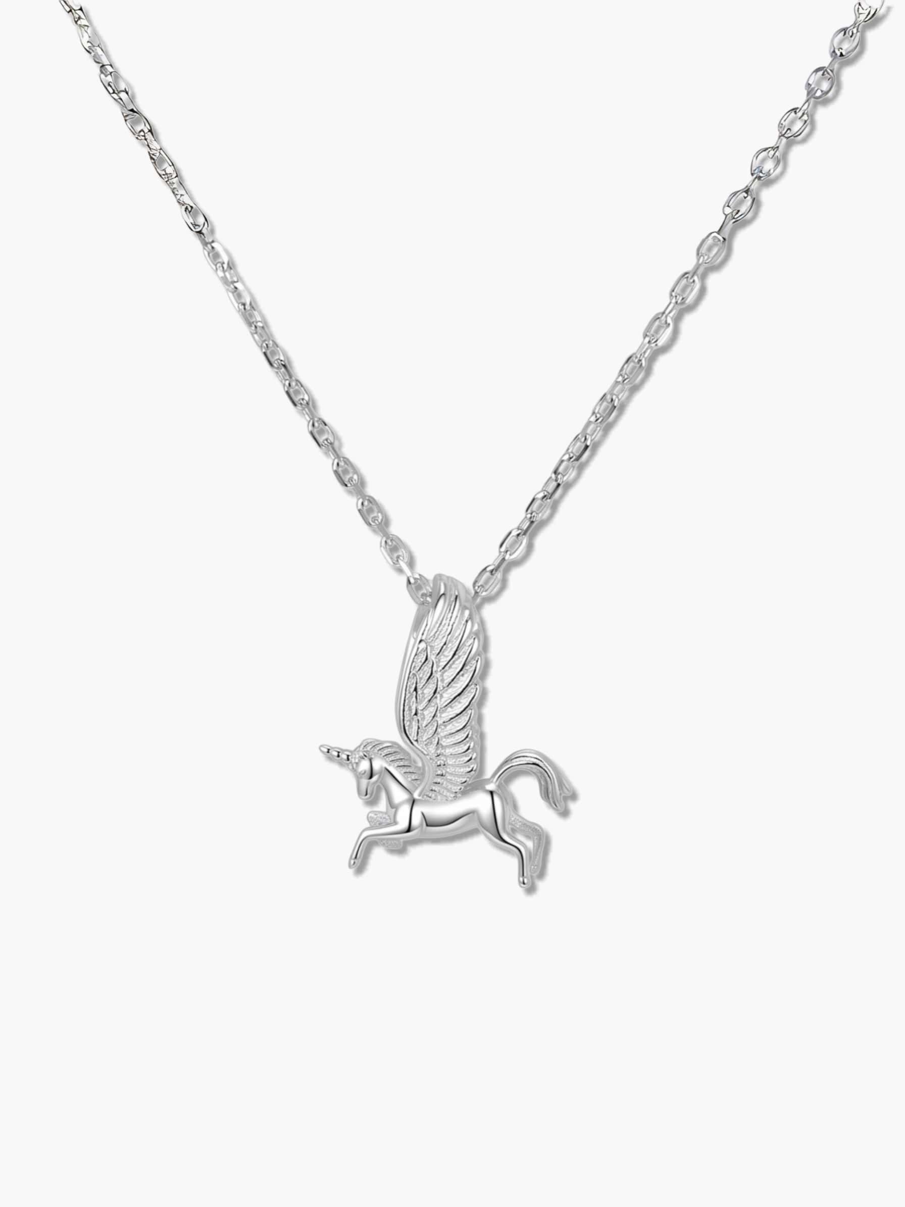 Front detailed view of the premium S925 sterling silver unicorn necklace pendant, highlighting the intricate wing and horn textures