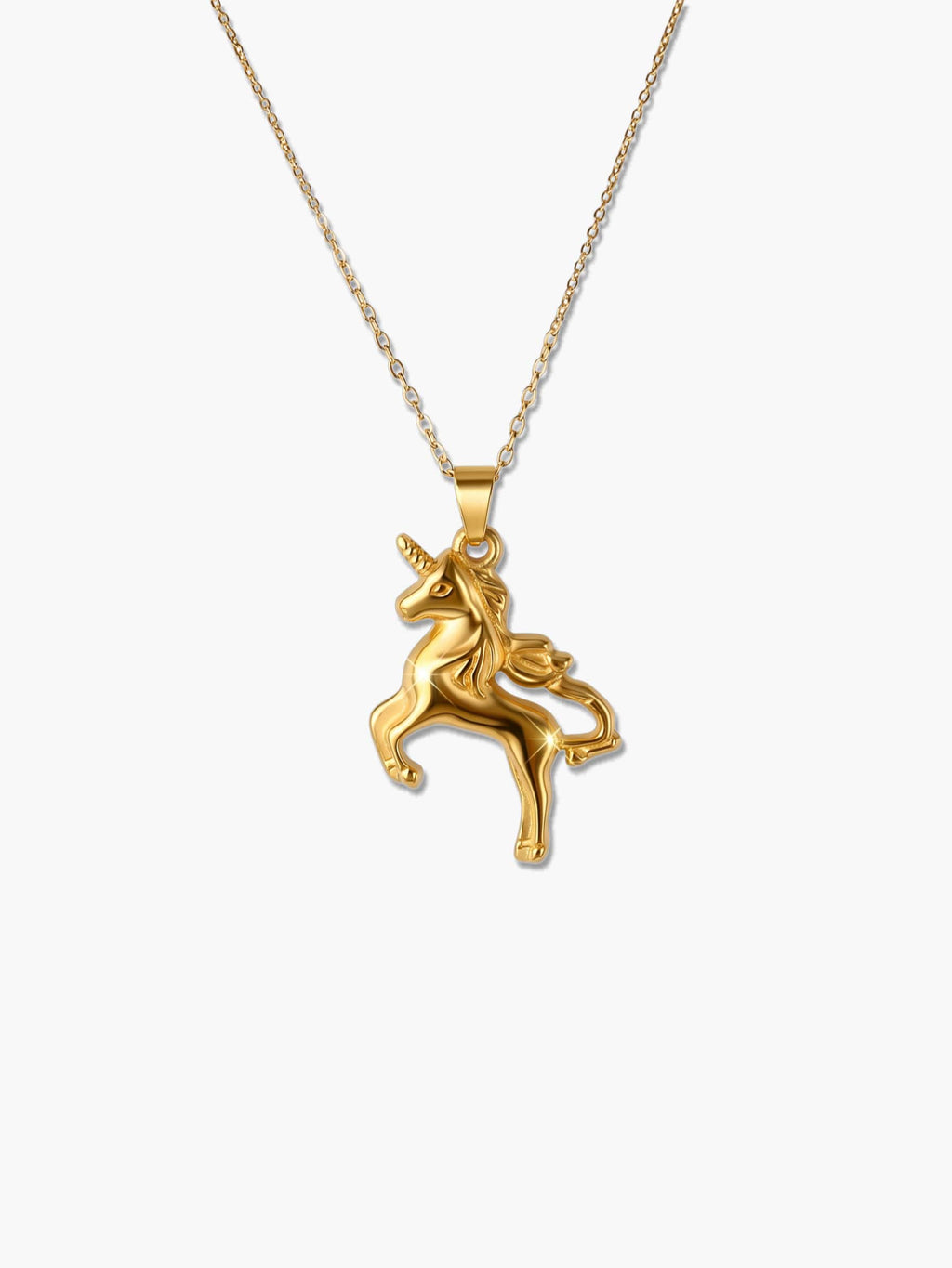 High-quality front macro view of the 18K gold unicorn necklace pendant against a clean background