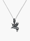 Macro studio shot of the winged unicorn necklace pendant on a white background, revealing the S925 hallmark, the sleek black rhodium plating, and the elegant black stones embedded in the bail