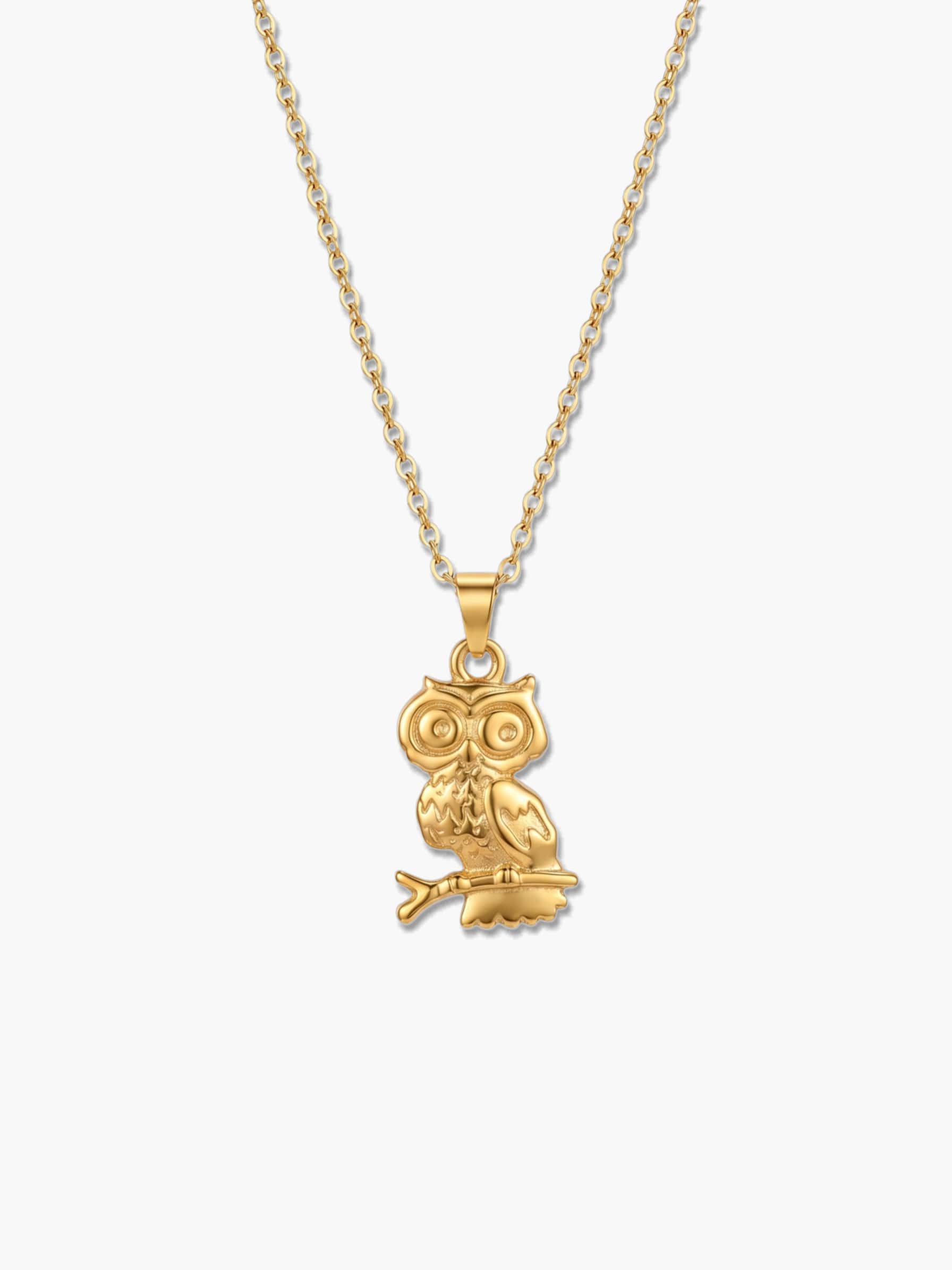 Venture Craft 18K gold plated owl necklace with a detailed owl pendant resting on a branch, displayed against a clean white background