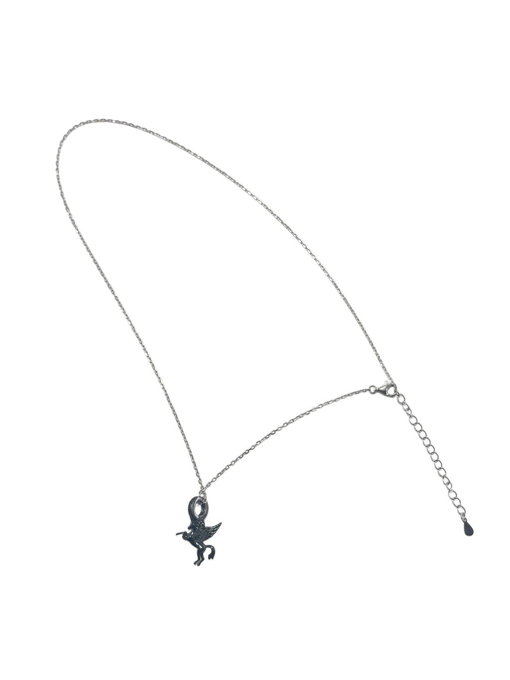 Full view of the Venture Craft black rhodium sterling silver unicorn necklace featuring a delicate chain and a highly detailed winged unicorn pendant