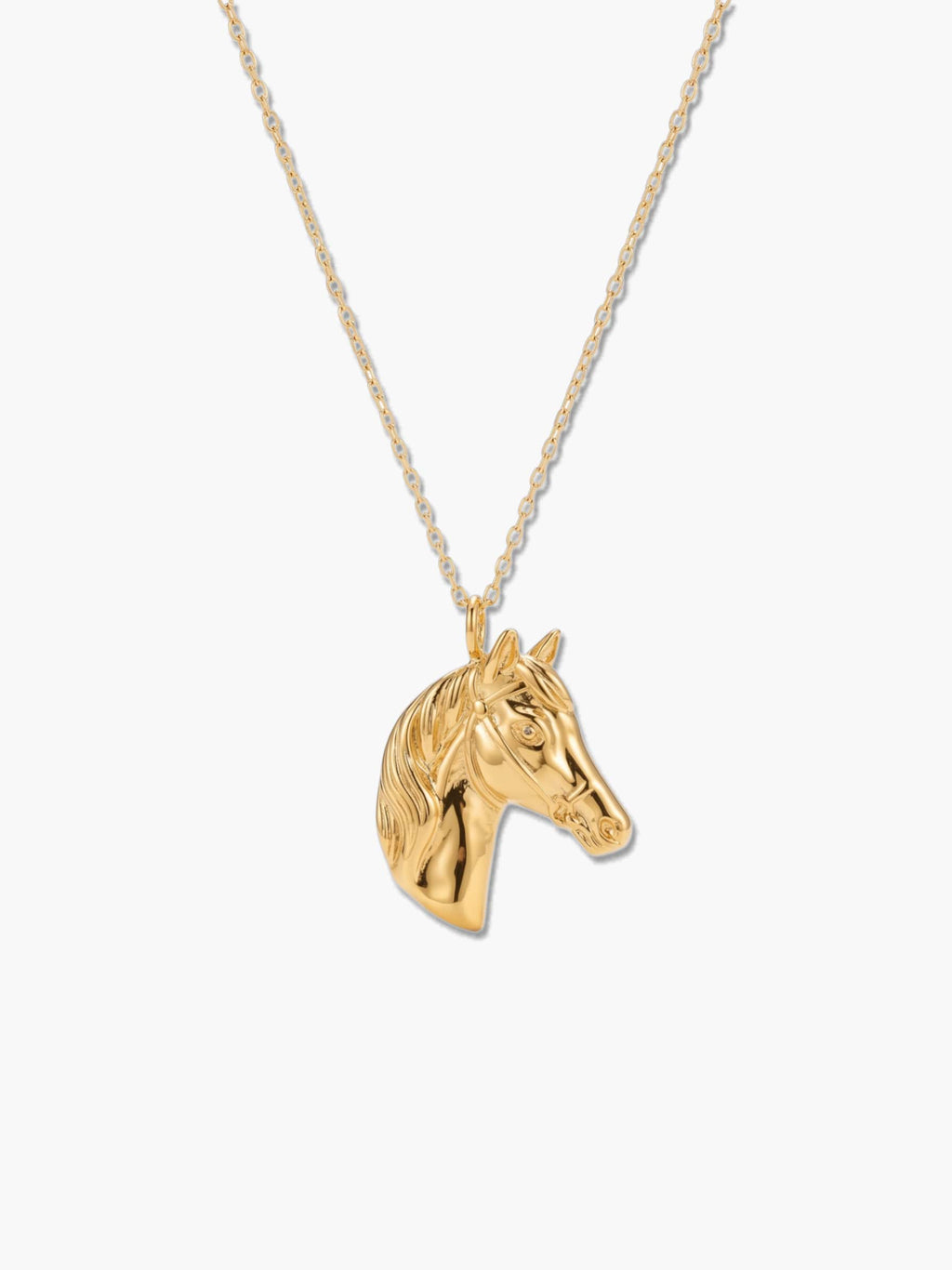 Front vertical view of the Venture Craft 18K gold horse necklace showcasing the detailed horse head pendant against a clean white background