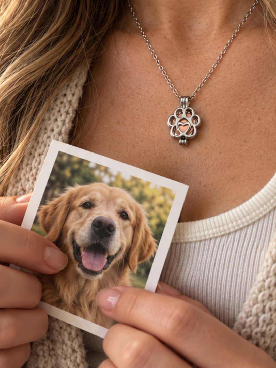Woman wearing a dog ashes necklace while holding a memorial photo print of her golden retriever