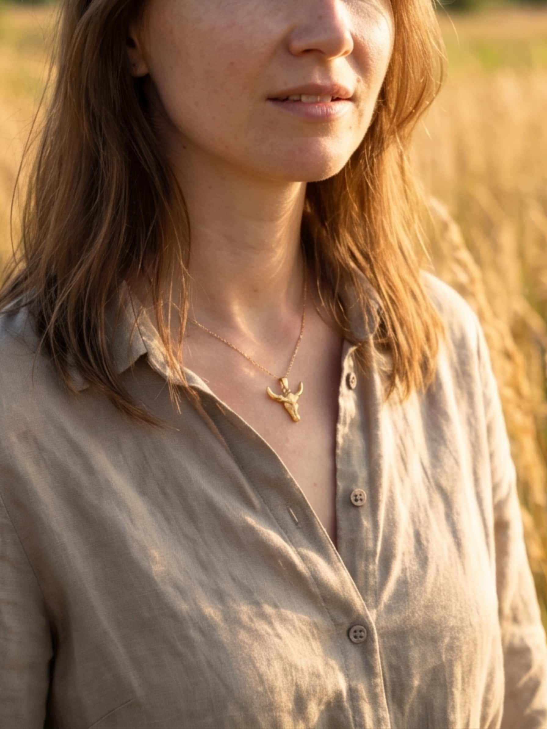 A woman wearing the stainless steel pendant necklace paired with a linen shirt in a natural, sunlit outdoor setting