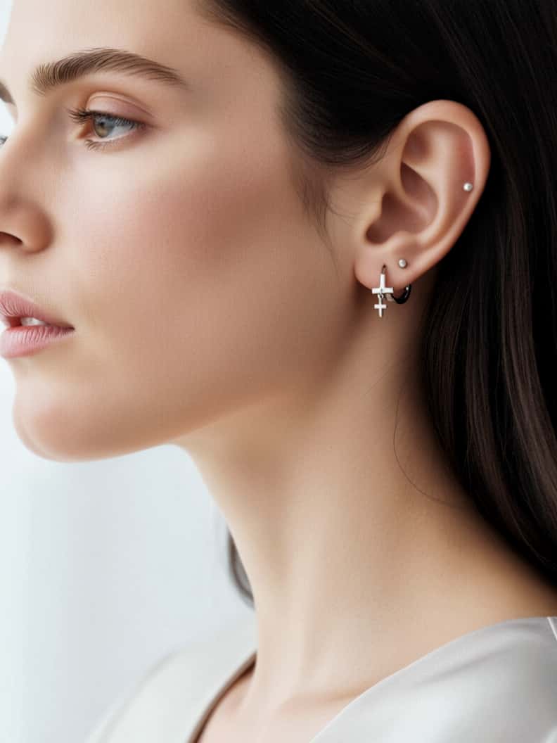 Close-up of a woman wearing earrings with a neutral background