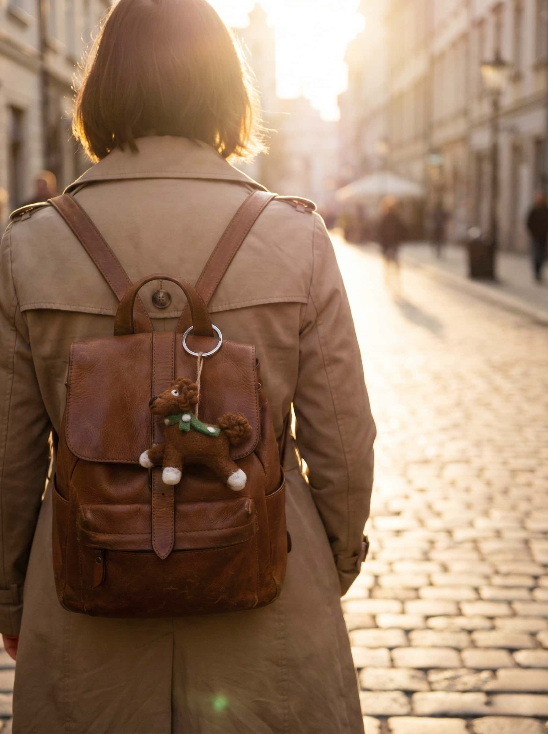 Person wearing a brown leather backpack with a wool dog felt ornament on a city street.