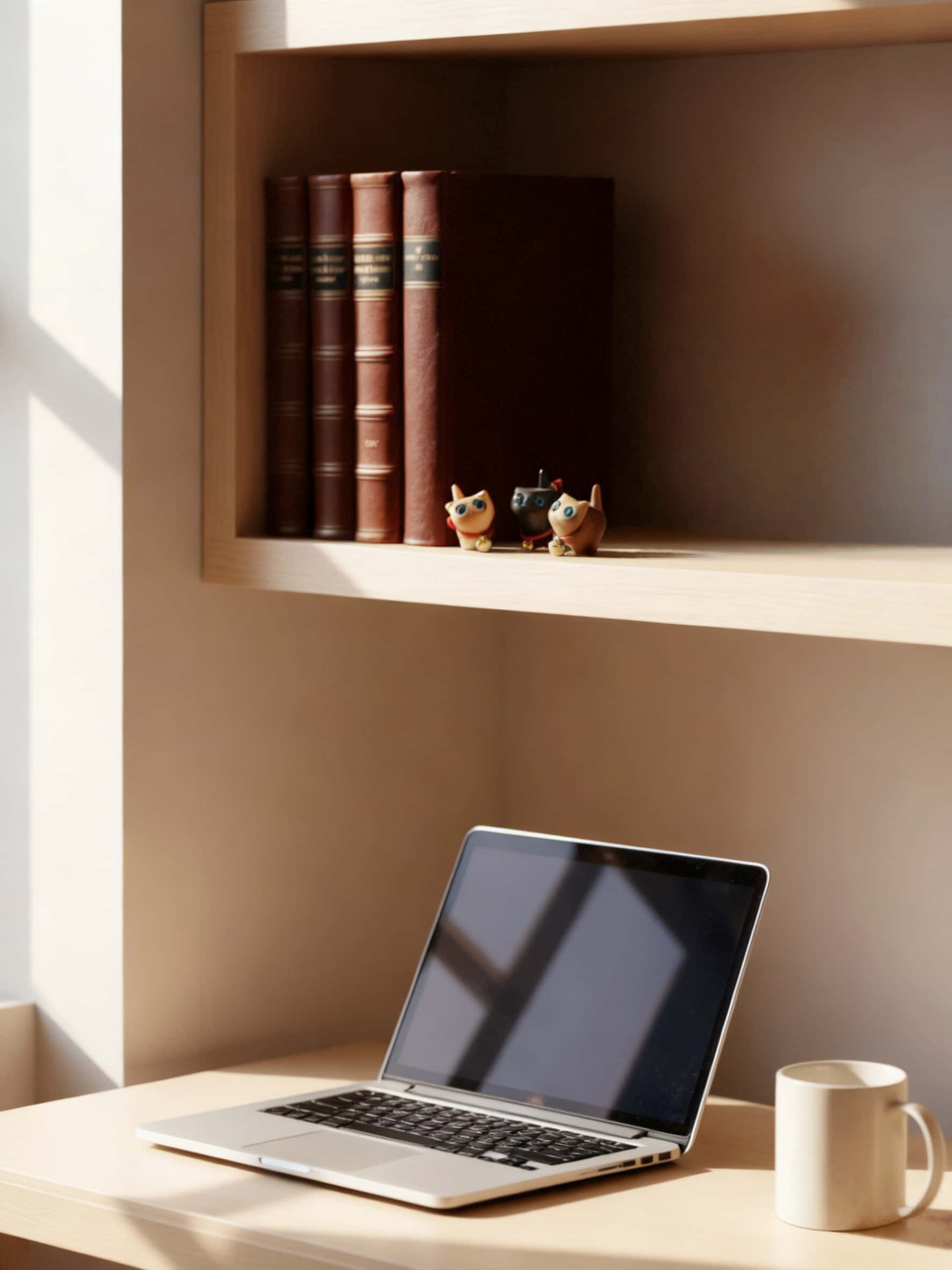 Laptop on a desk with books and decorative wood cat figurines on a shelf in the background