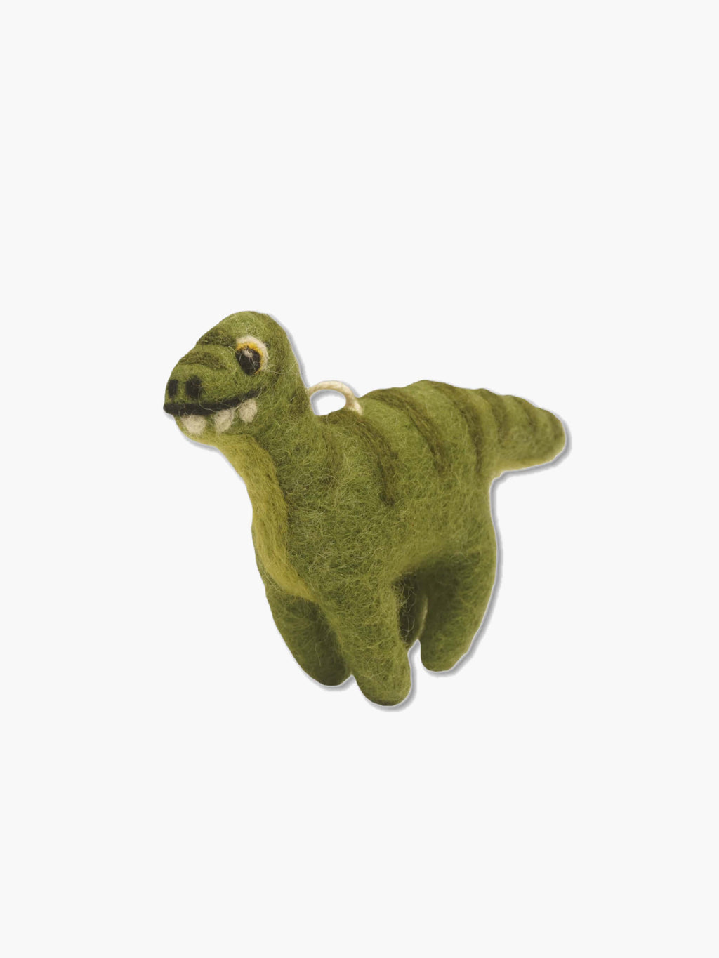 Green wool felt oranment dinosaur on a white background