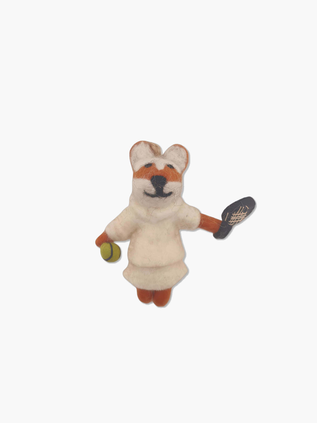 Wool felt ornament fox playing tennis on a white background