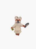 Wool felt ornament fox playing tennis on a white background