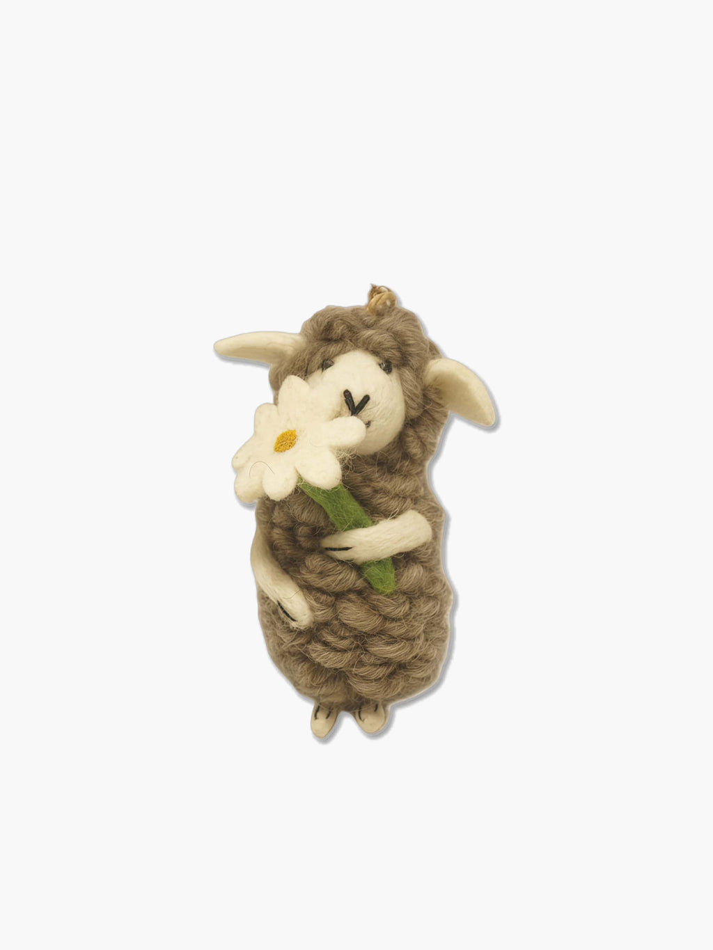 sheep wool felt ornament holding a white flower on a white background