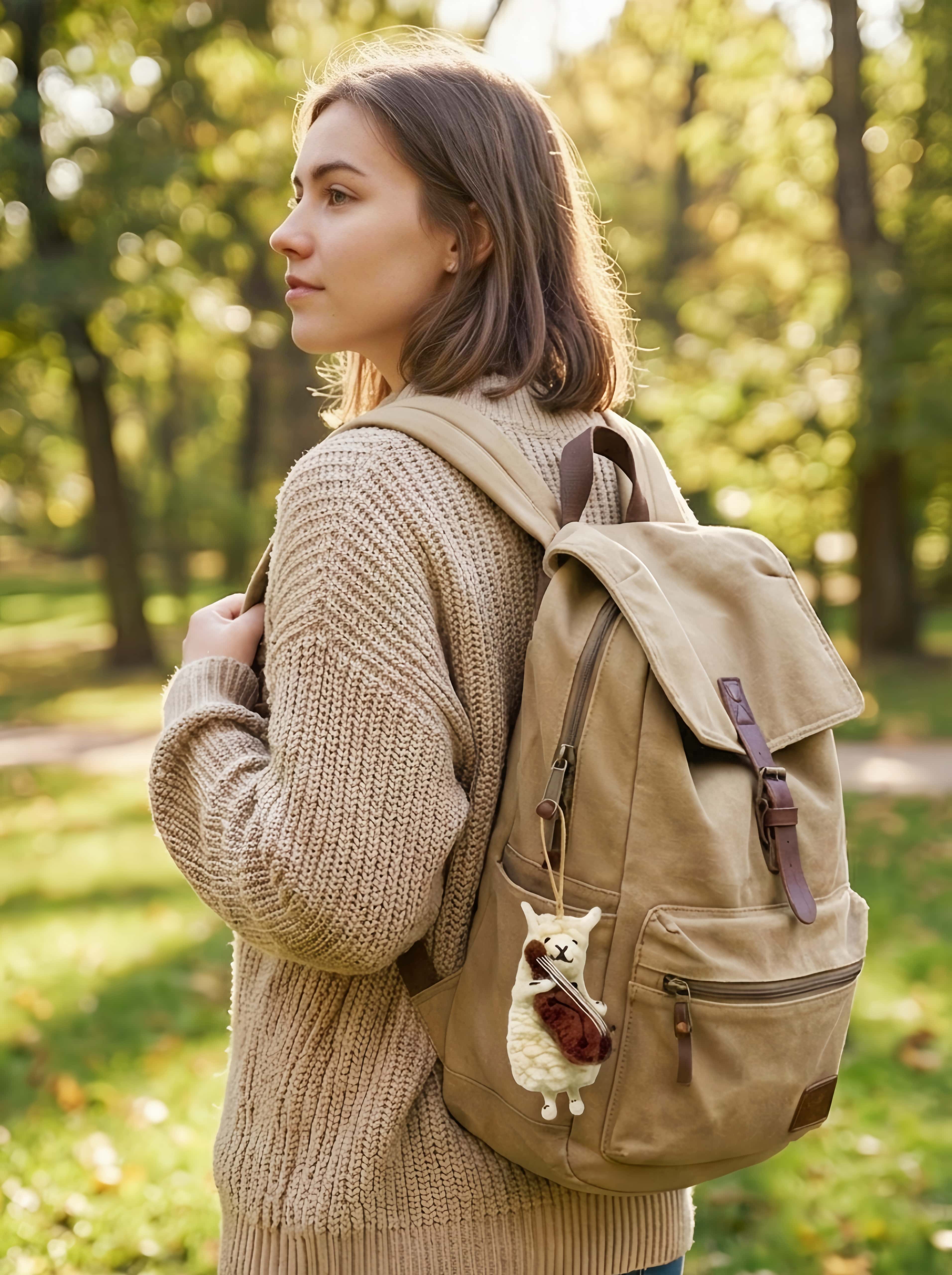 Woman with a beige backpack with felt ornament sheep with violin in wild