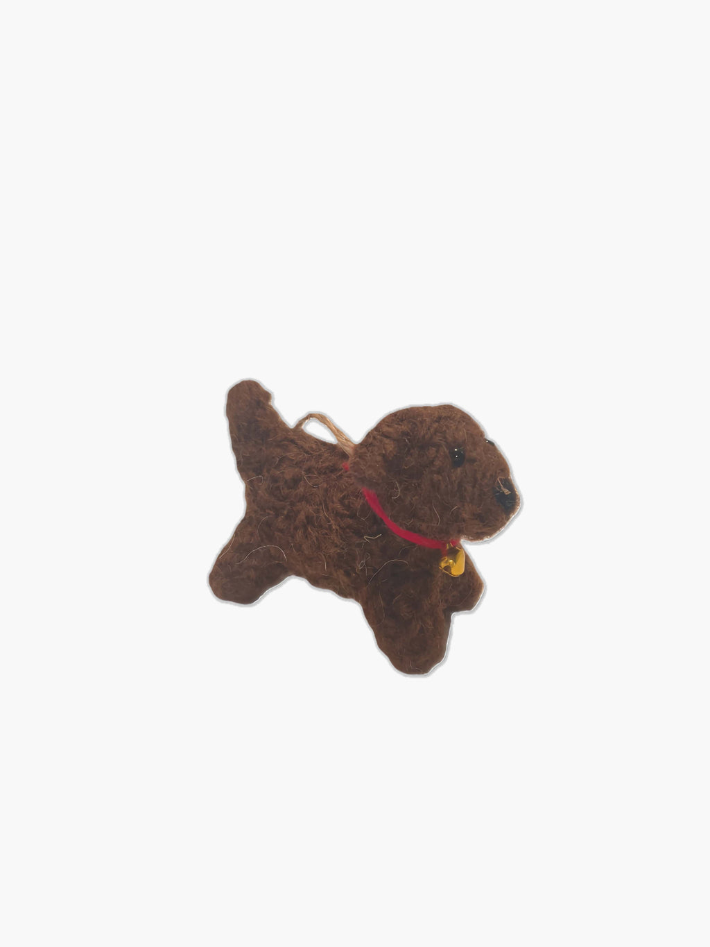 Brown wool felt ornament dog with a red collar on a white background