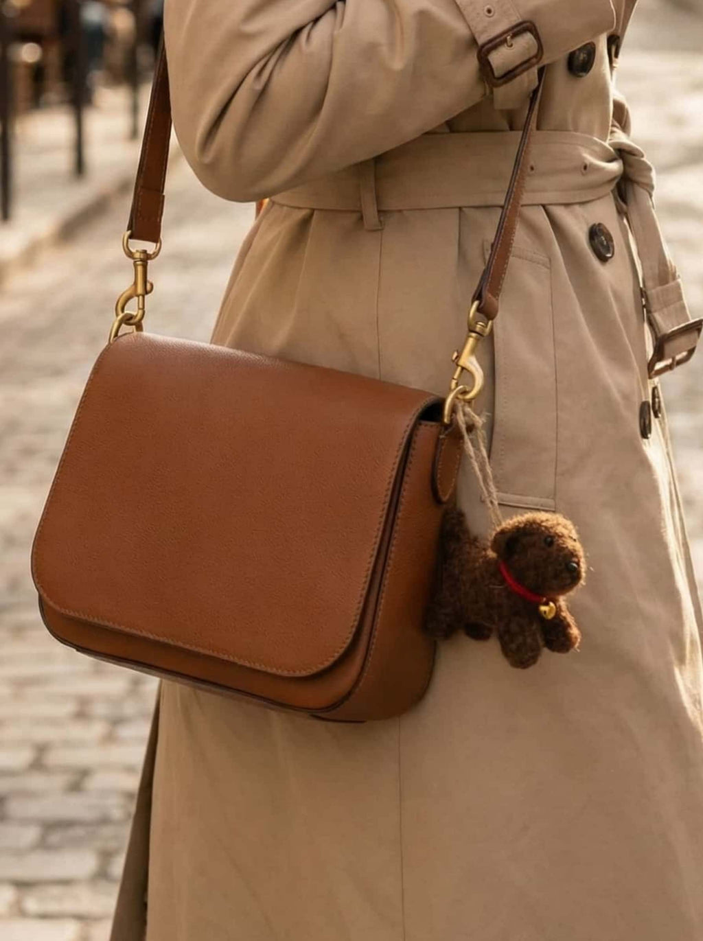 Brown leather bag with a wool felt toy poodle ornament attached, worn by a person in a trench coat.