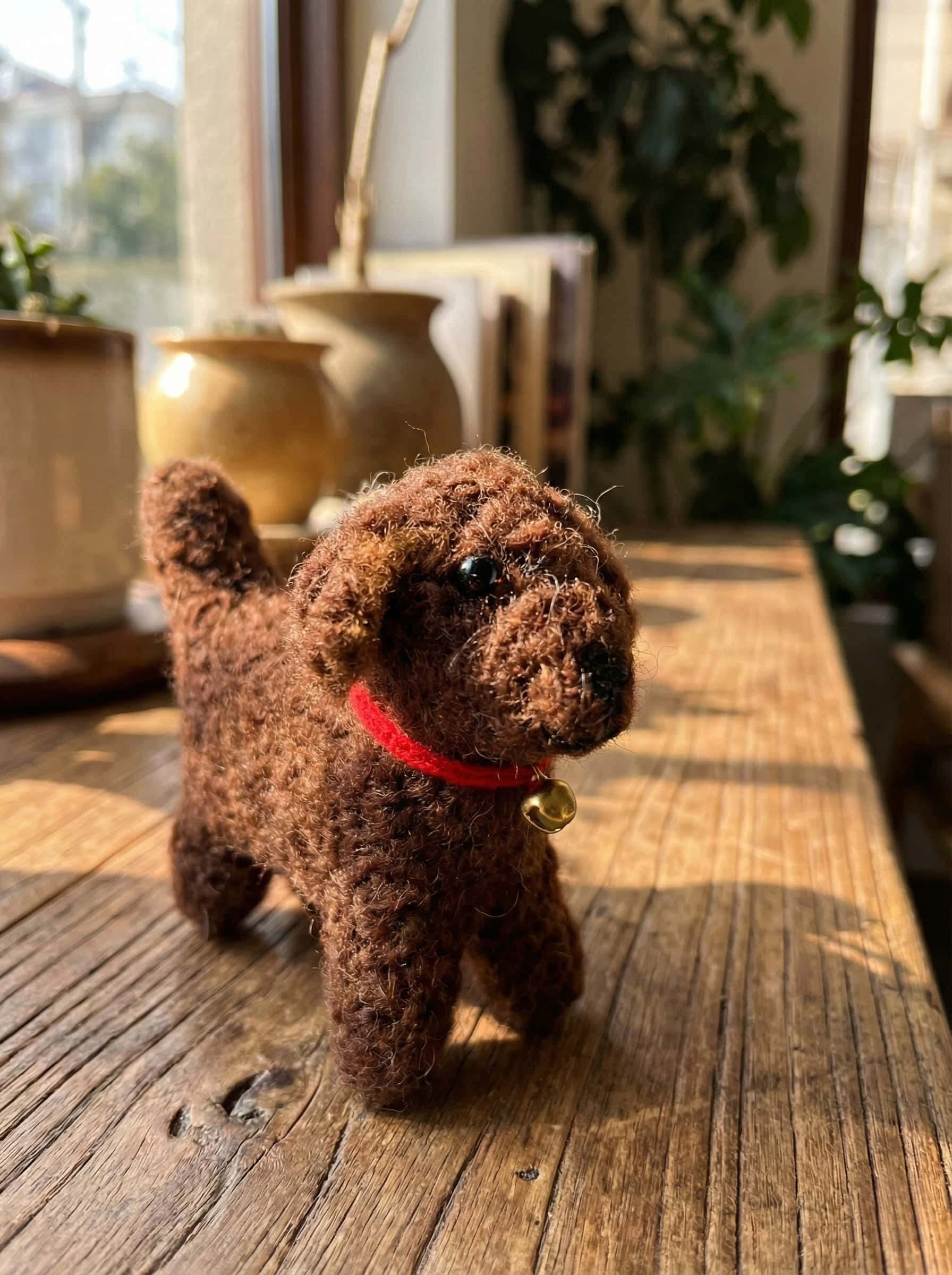 Stuffed brown felt ornament dog with a red collar on a wooden surface